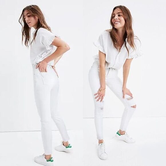 Madewell Women's 29x27 9" White Destructed Edition High Rise Skinny Crop Jeans - Picture 1 of 7